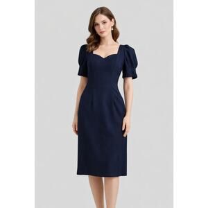 Vtg Cachet By Bari Protas Navy Blue Midi Dress Sz 5 6 Sweetheart Puff Sleeve